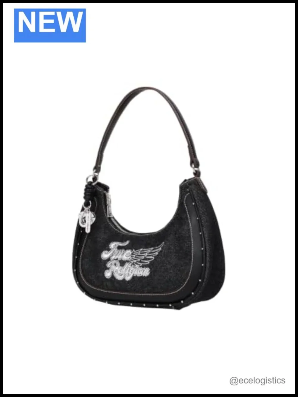 True Religion Denim Hobo Bag with Wing Logo, Red Faux Leather Trim, Silver Studs